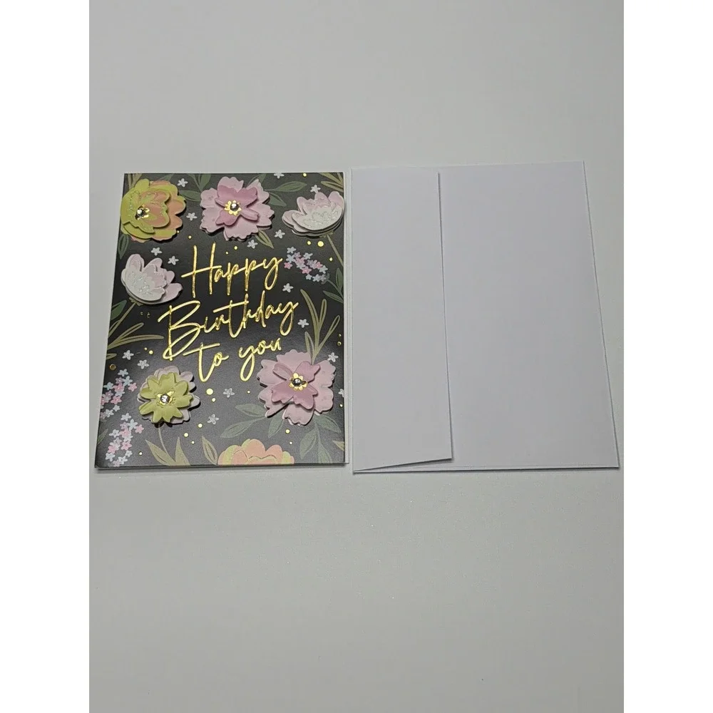 Handmade 3D‎ Floral Happy Birthday Card Gold Foil Rhinestone Botanical Blank